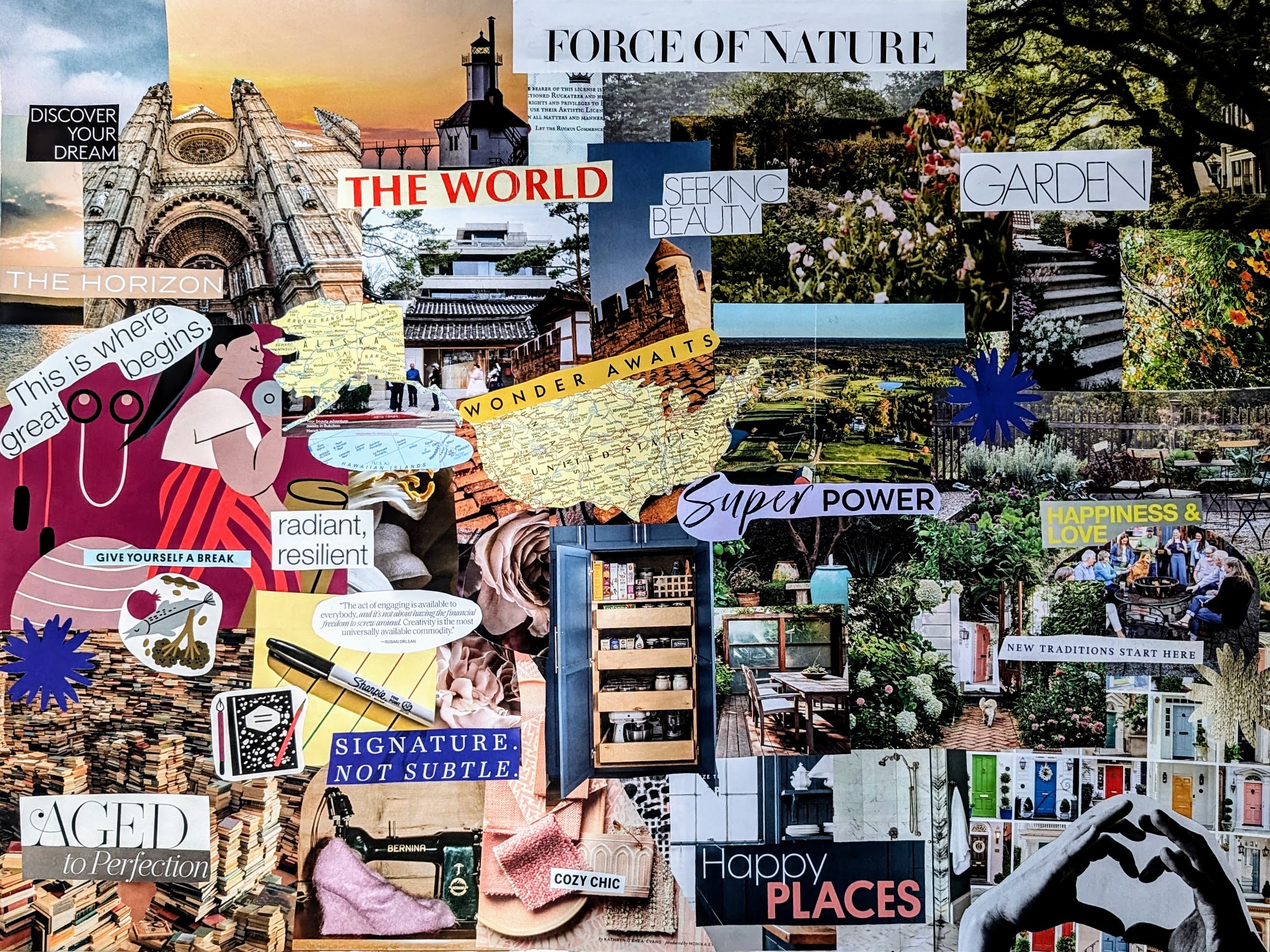 Birthday vision board collage with words like 'Wonder Awaits' and 'Happy Places,' surrounded by images of gardens, gatherings, and joyful textures.